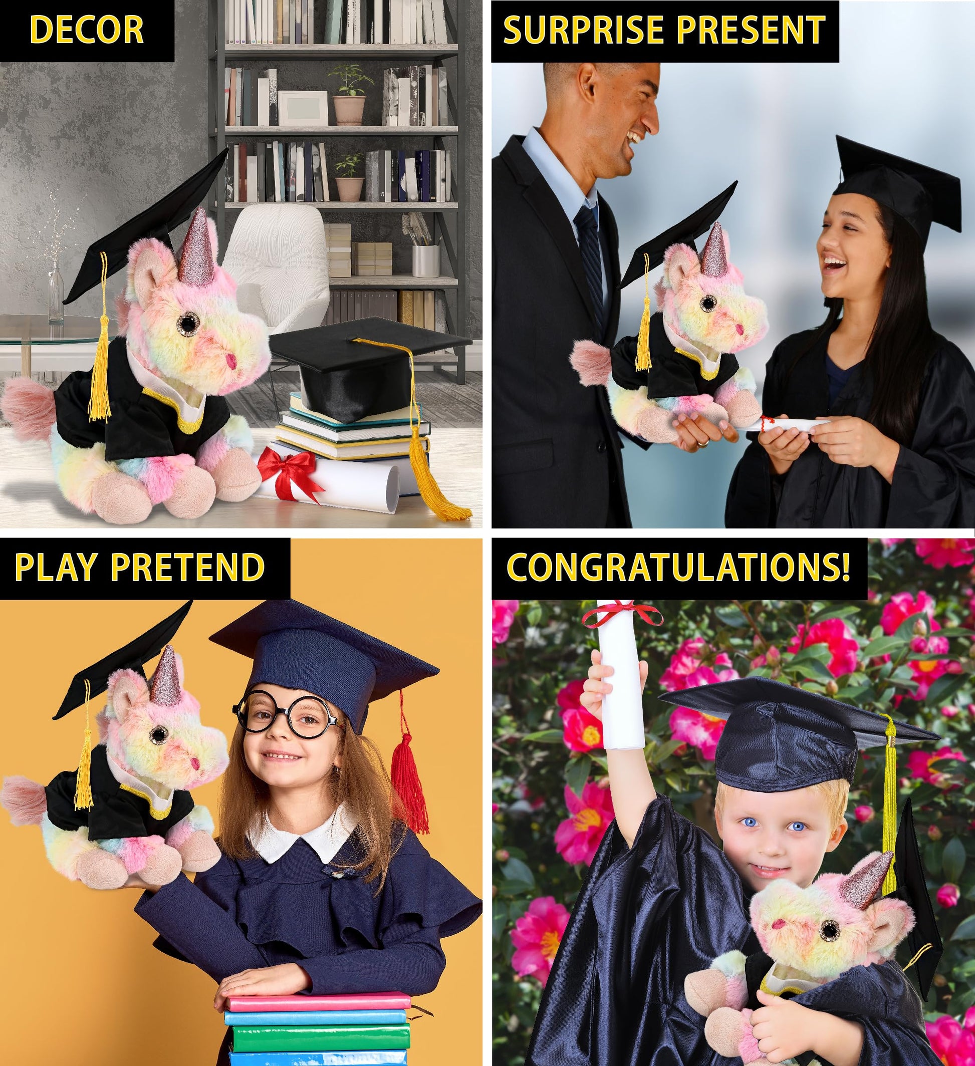 DolliBu Rainbow Unicorn Graduation Plush Toy - Super Soft Plush Graduation Stuffed Animal Dress Up with Gown and Cap with Tassel Outfit