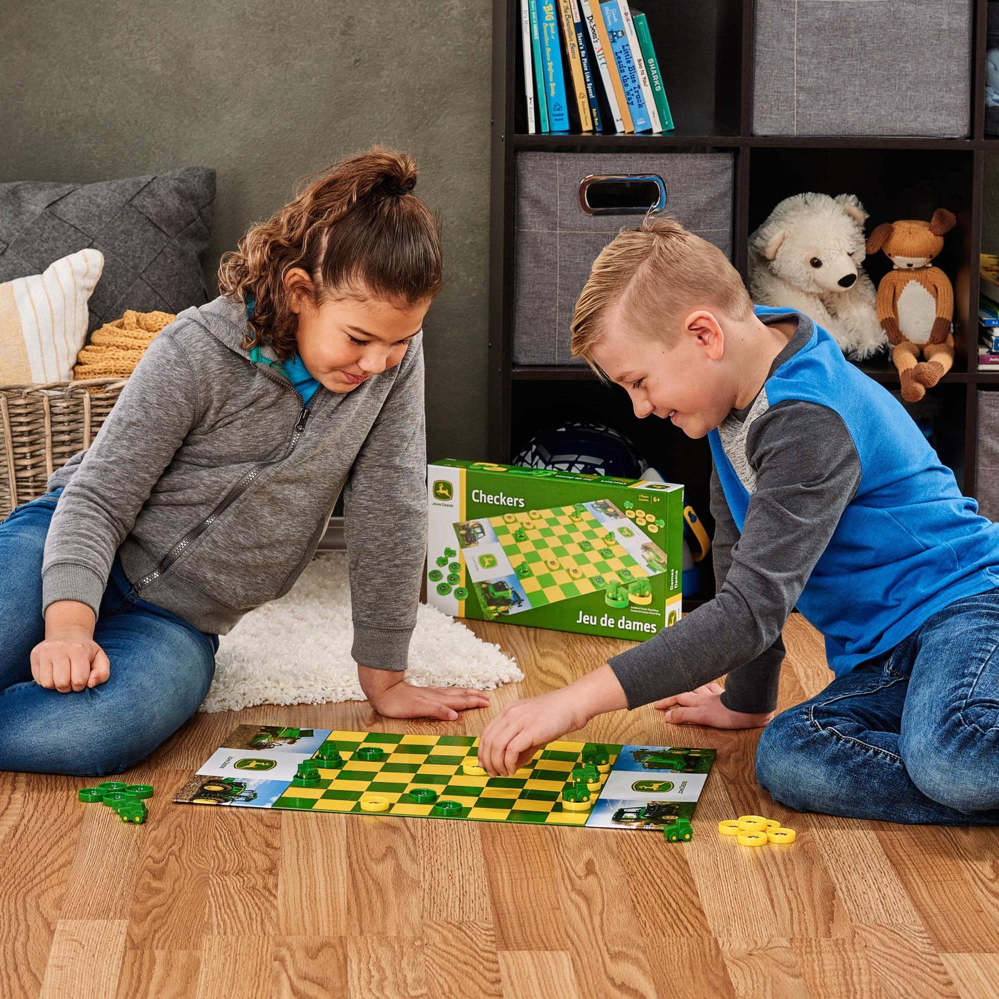 TOMY John Deere Checkers Board Game - Includes Themed Folding Board, Checkers, and Collectible Tractor Kings - Collectible Farm Toys and Strategy