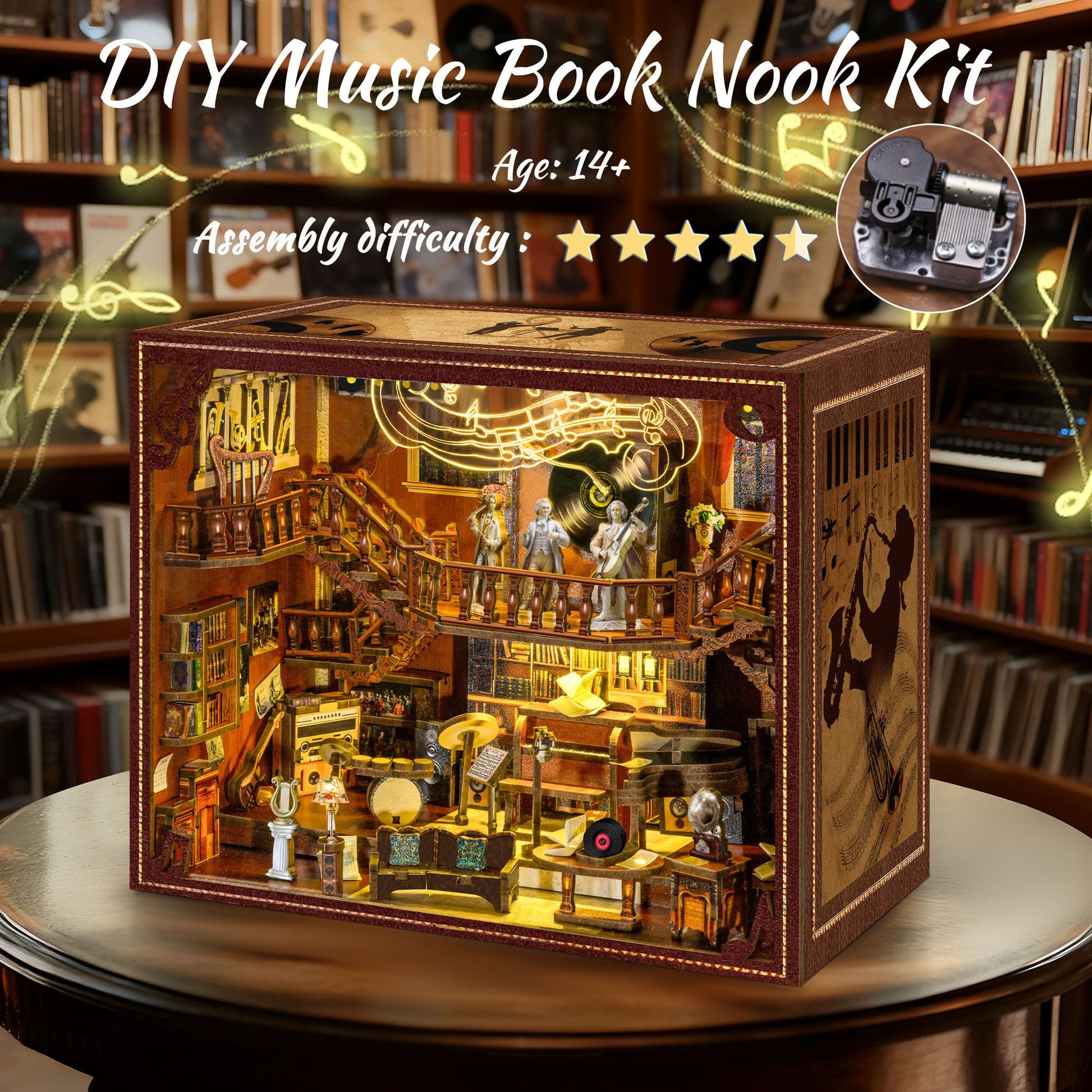 DIY Music Book Nook Kit - 3D Wooden Puzzle for Adults and Teens, Miniature Booknook Bookshelf Insert with LED Light, Ideal Gift for Family