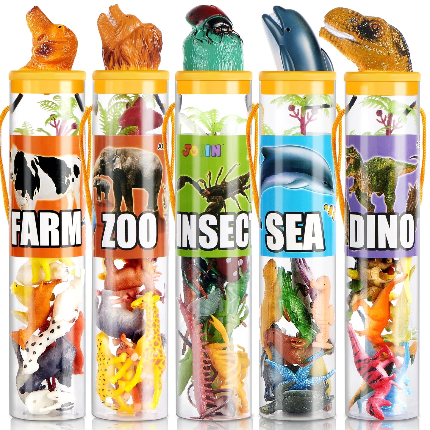 JOYIN 69 Pcs Small Animal Figures, Mini Jungle Toy Set with Sensory Bin, Realistic Wild Forest Playset, Zoo, Ocean, Farm Animals Figurines, Dinosaur