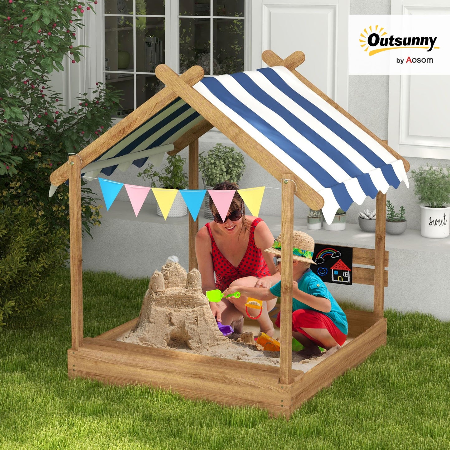 Outsunny Wooden Sandbox with Canopy for 3-7 Years Old 49"x46"x57.5" Brown