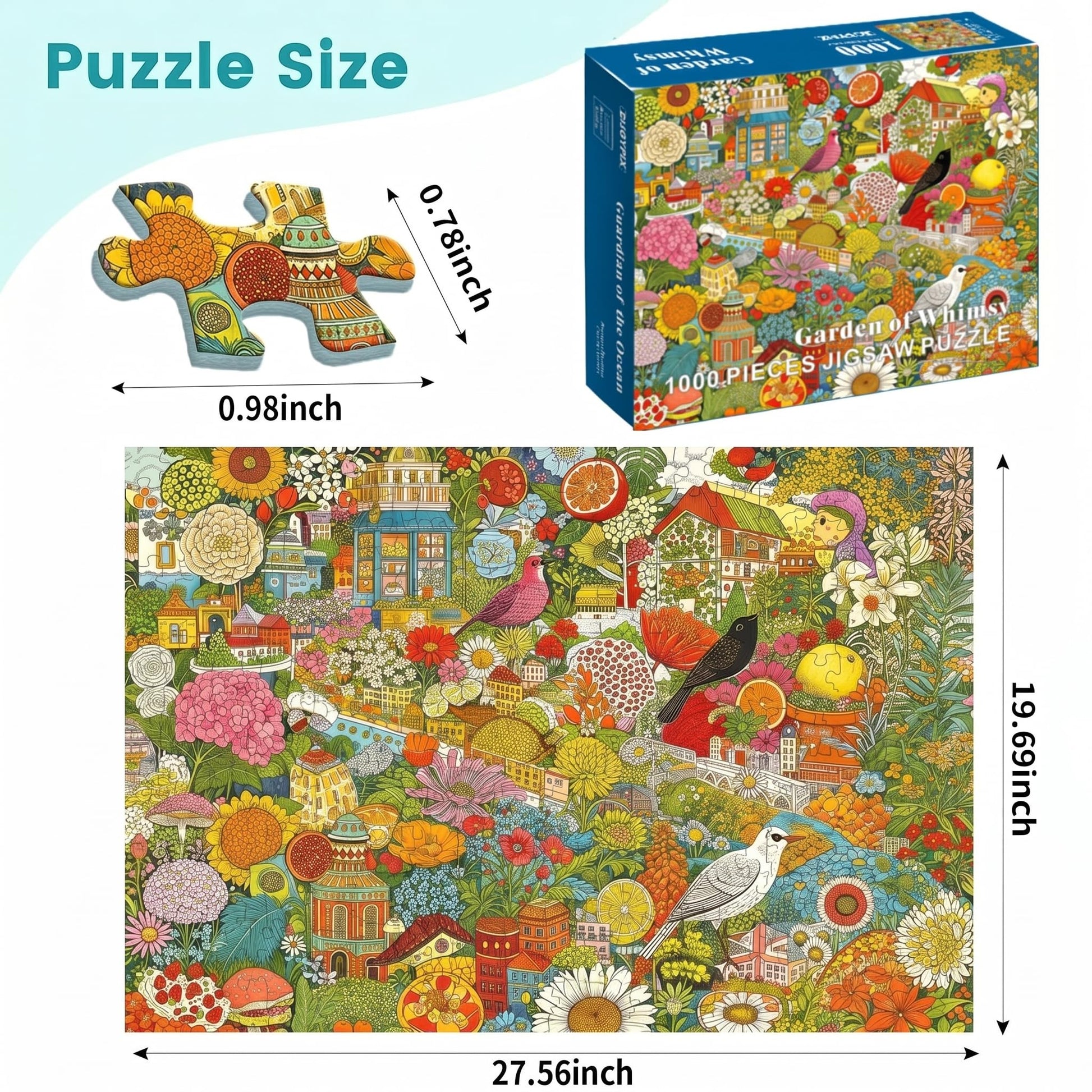 1000 Piece Puzzle for Adults, Colorful Botanical Fantasy Garden with Birds & Houses, Premium Matte Finish, Thick Blue Cardboard, Fun and Challenging