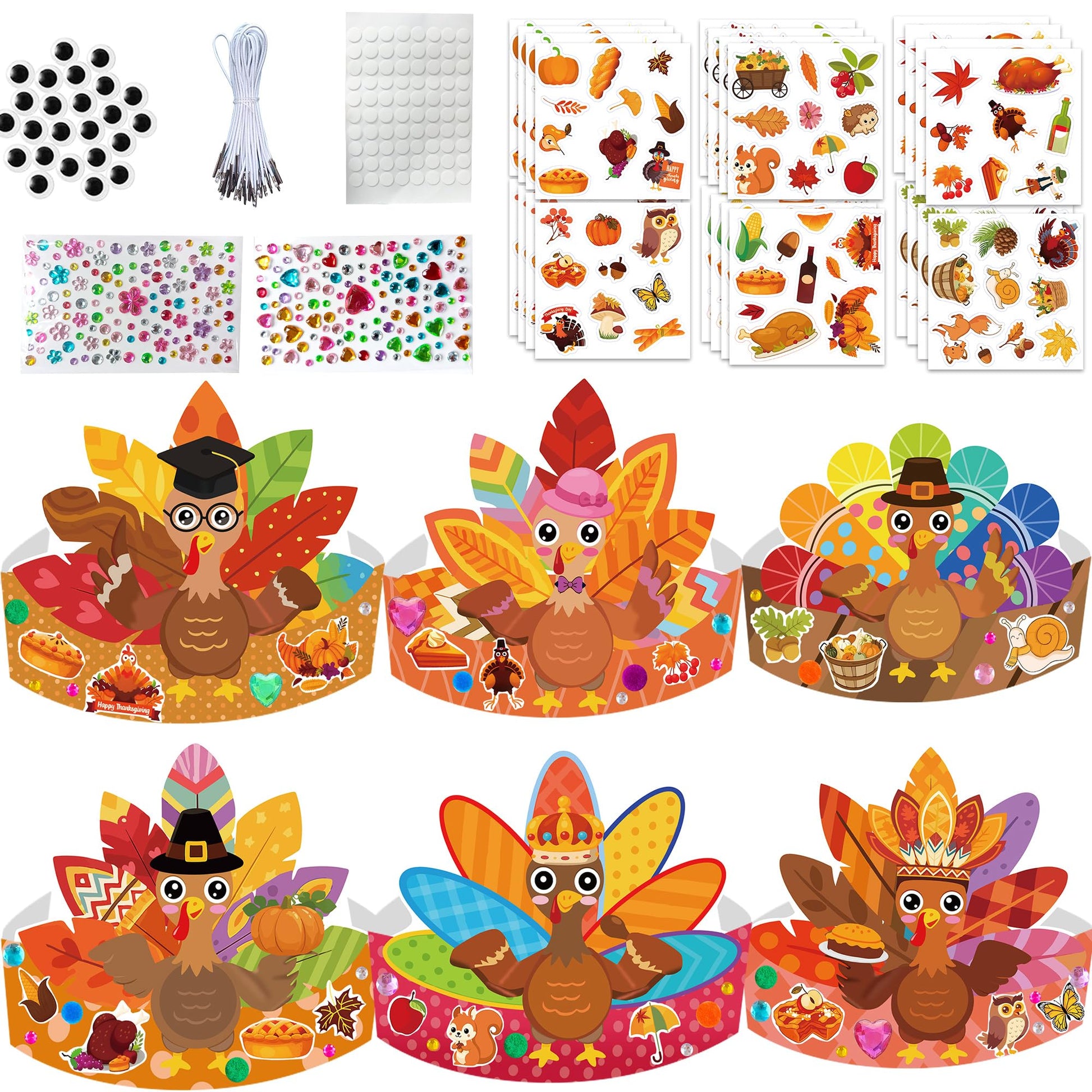 EUVBOKW 24 Pack Thanksgiving DIY Turkey Headband Craft Kit-Create Your Own Fall Paper Crown Hats , Gems,Googly Eyes for Party and Holiday Activity