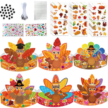 EUVBOKW 24 Pack Thanksgiving DIY Turkey Headband Craft Kit-Create Your Own Fall Paper Crown Hats , Gems,Googly Eyes for Party and Holiday Activity
