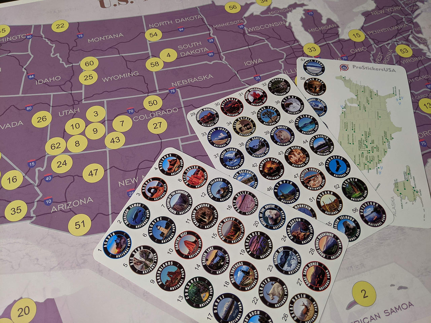 Collection 63 Stickers Set All US National Parks and Large Size Map of U.S. National Parks.17 x 27 inch with Tube Box.