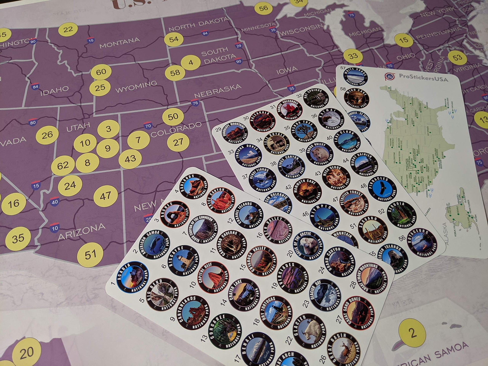 Collection 63 Stickers Set All US National Parks and Large Size Map of U.S. National Parks.17 x 27 inch with Tube Box.