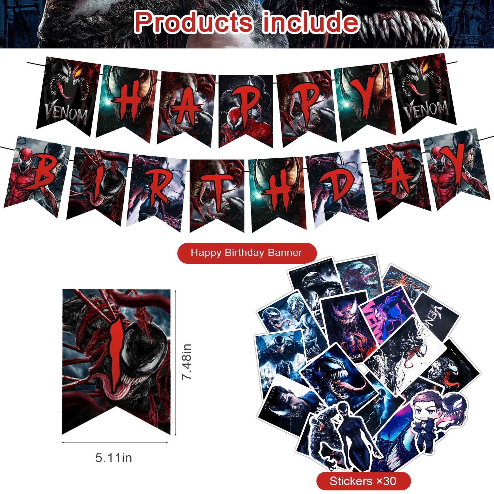 DZZK Venom 2 Party Decorations, Venom 2 Birthday Party Supplies - Includes Banner, Cake Toppers, Cupcake Toppers, Balloons, Stickers - Red, Cartoon