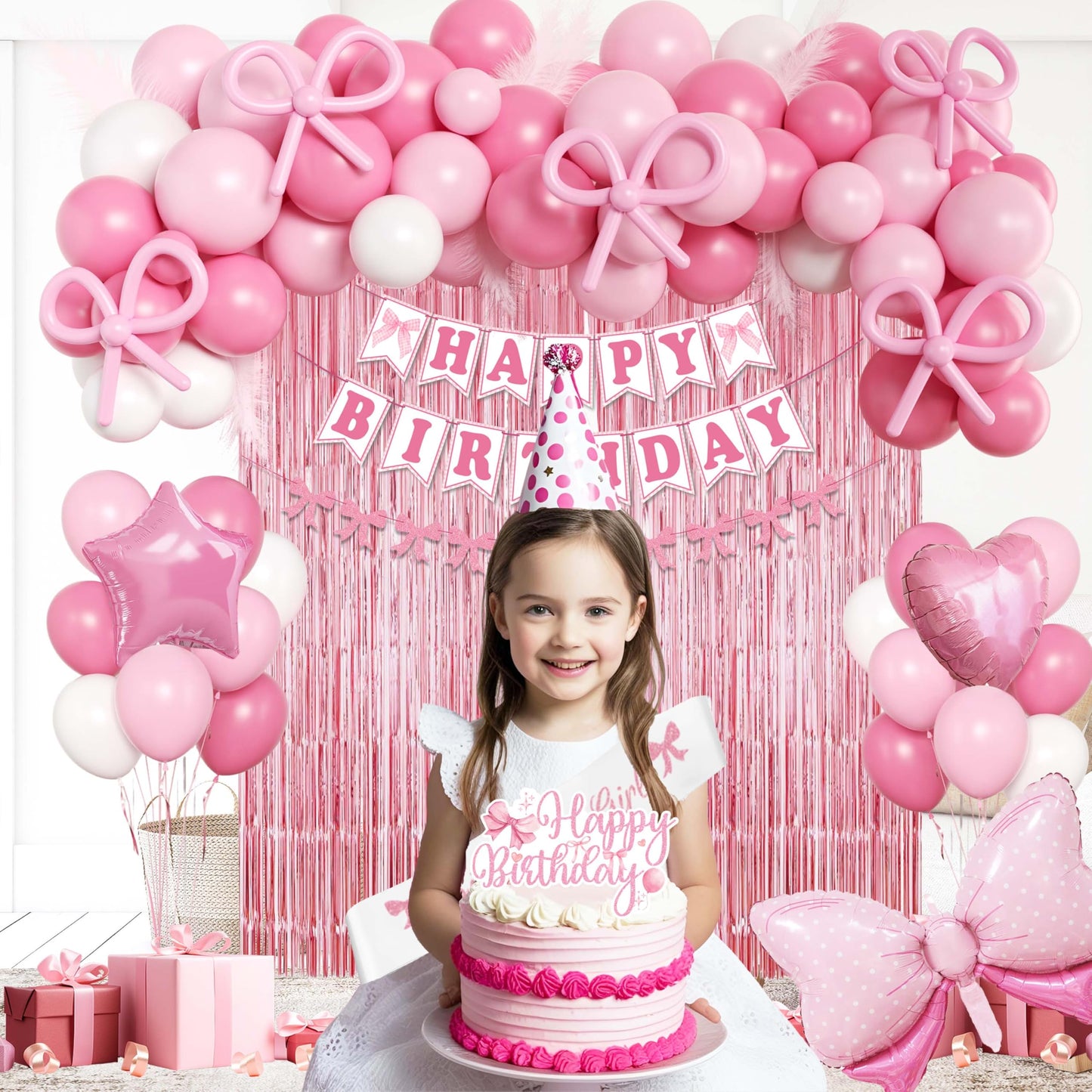 Pink Bow Birthday Decorations for Girls Women, Coquette Birthday Decorations, Fringe Curtain, Foil Balloons, Cake Toppers, Bows Theme Party Decor Girl