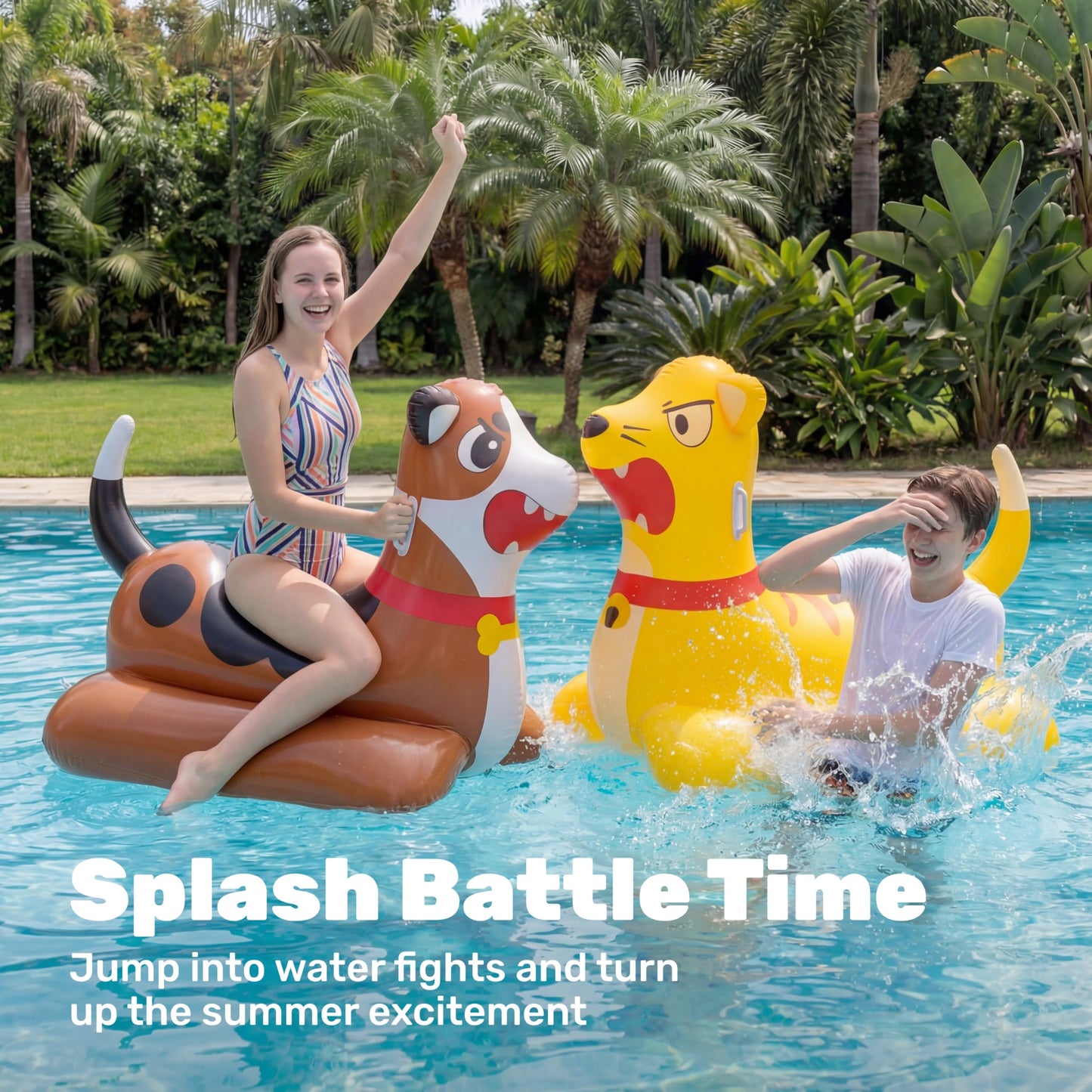 Sloosh Inflatable Pool Float Battle Game Set for Kids & Adults-Includes 2 Giant Ride On Pool Toy Kitten & Puppy for Outdoor Swimming Party Family