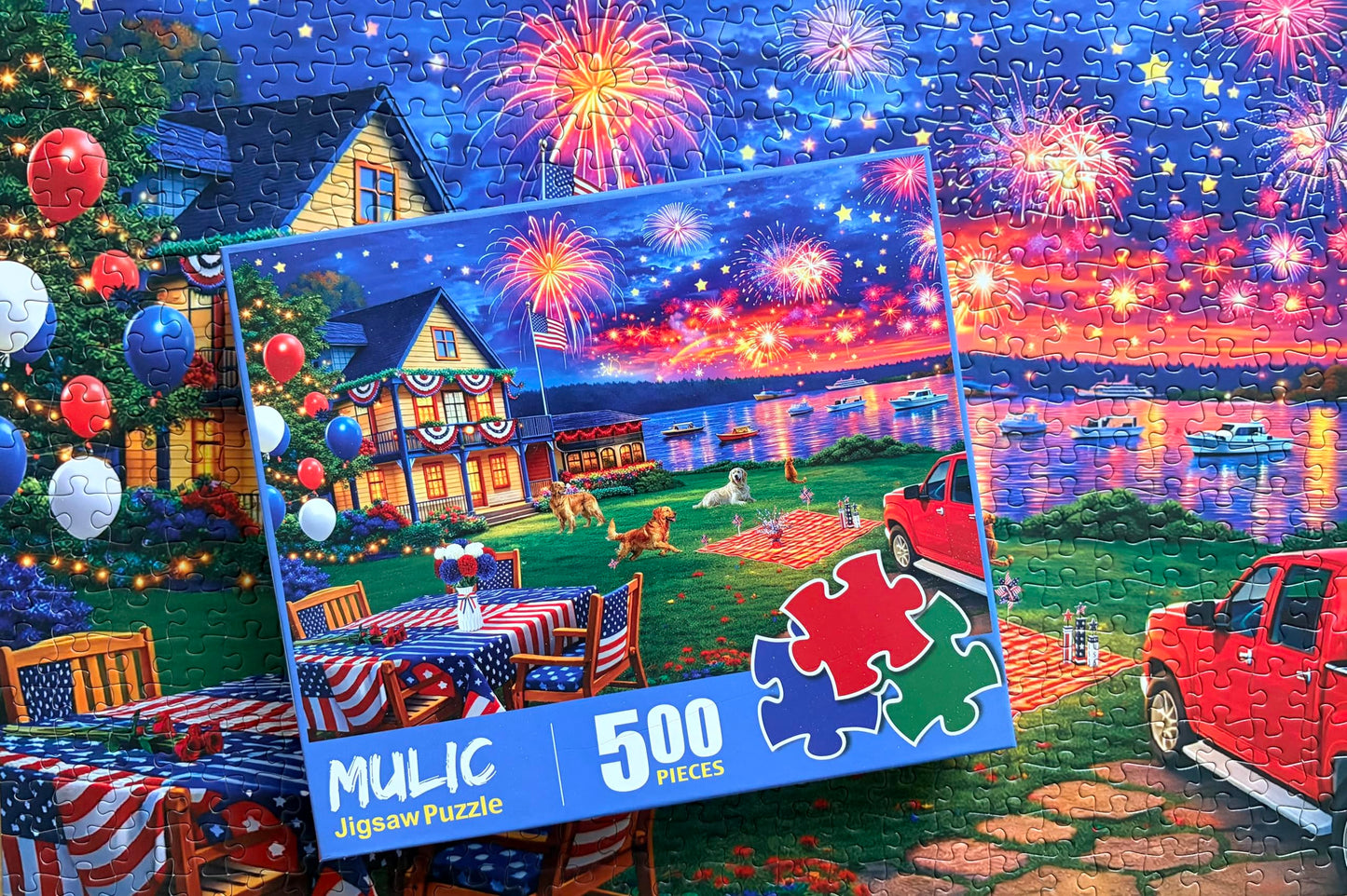 500 Piece Puzzles for Adults - 4th of July Jigsaw Puzzles - Celebrate The USA Patriotic Puzzle - Fourth of July Fireworks Celebration - Artwork
