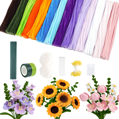 Ayuanb 900 PCS Pipe Cleaners Flowers Kit, Pipe Cleaners Craft with Handle, 14 Colors Chenille Stems with Floral Wires, Stamen, Wrapping Paper