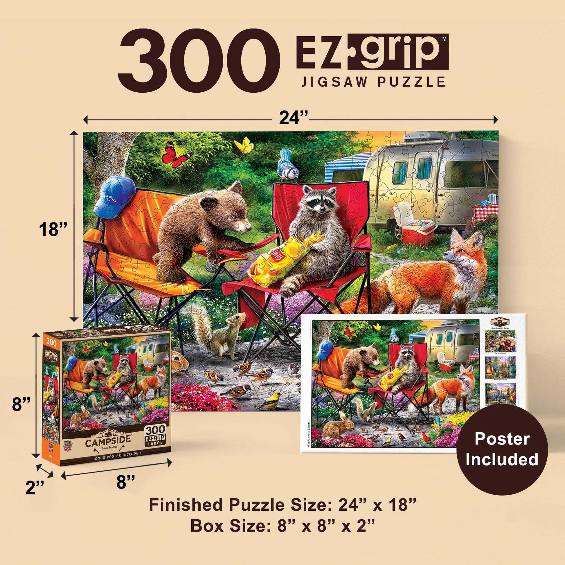 MasterPieces 300 Piece EZ Grip Jigsaw Puzzle - Snack Bandits - Large Pieces for Adults & Family, 18" x 24", Retro Summer Cabin Theme