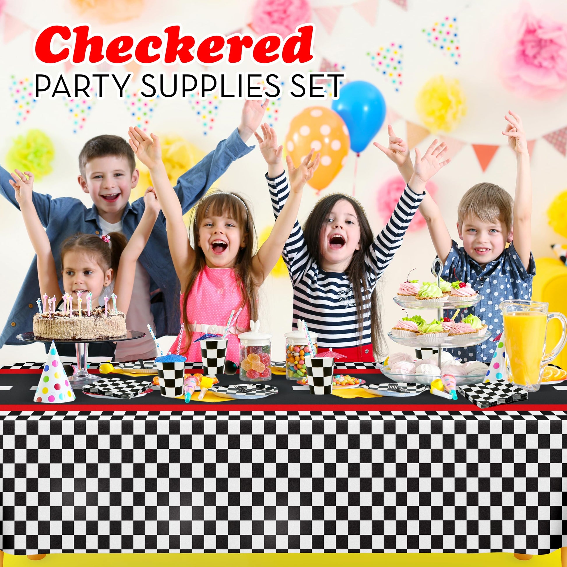 Checkered Party Supplies Set Serves 24 - Checkered Flag Plates, Cups, Napkins, Cutlery - For Race Car Birthday Party Supplies Table Ware Decorations