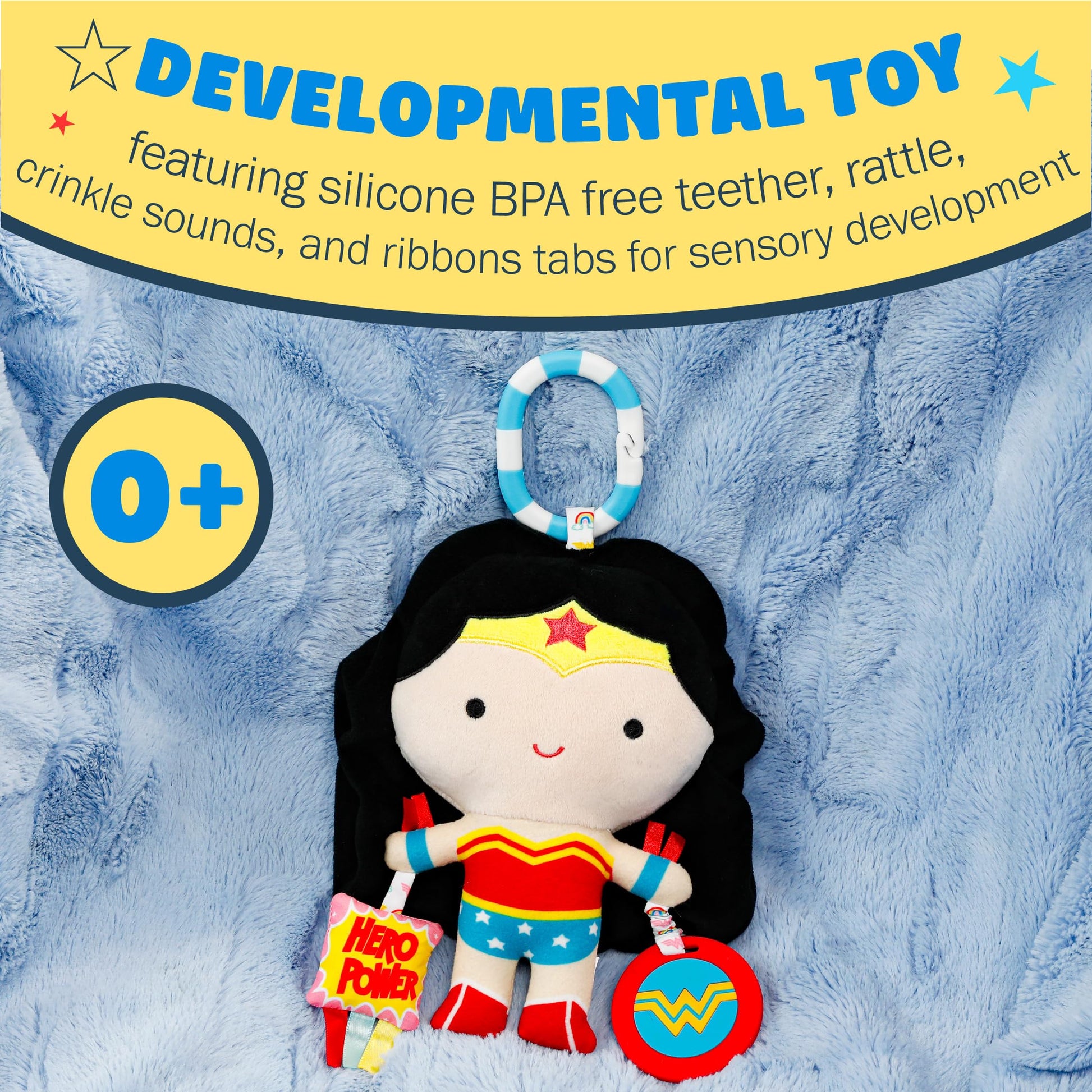 Kids Preferred DC Comics Wonder Woman Multi Sensory Activity Toy with Teethers, Crinkle Textures, and Clip for On The Go Fun for Infant and Baby Boys