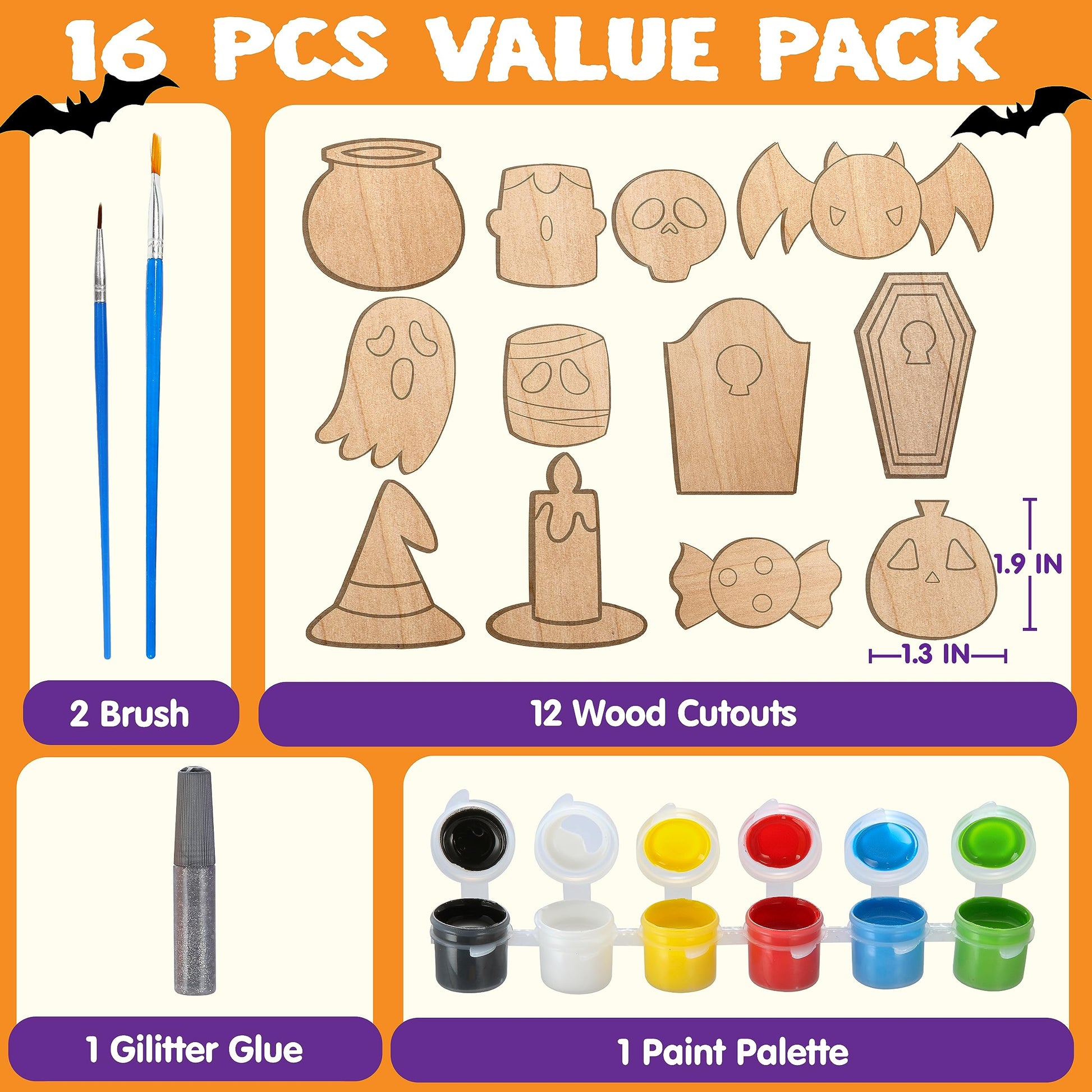JOYIN 12 pcs Halloween Wooden Painting Crafts Kit, Creativity Painting Kit Includes 2 Color Pens for Kids Paint Gift, Family Activities Party Favor