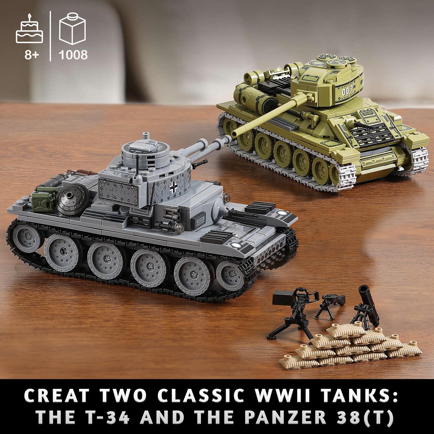 WW2 Army Tank Toys Building Sets Compatible with Lego, Create a Soviet T-34 & German Panzer 38(t) Tank, Great Military Model Toy Gift for Boys, Kids