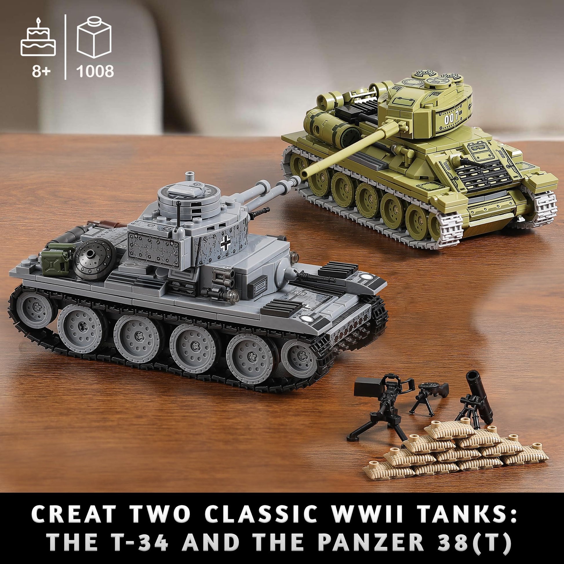 WW2 Army Tank Toys Building Sets Compatible with Lego, Create a Soviet T-34 & German Panzer 38(t) Tank, Great Military Model Toy Gift for Boys, Kids