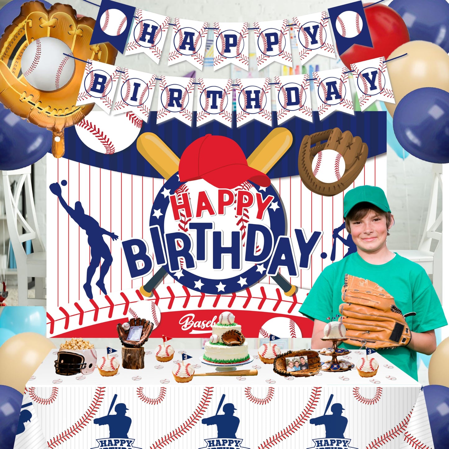 Baseball Party Decorations, Include Sport Themed Birthday Backdrop, Happy Birthday Banners, Baseball Balloons, Honeycomb Centerpiece