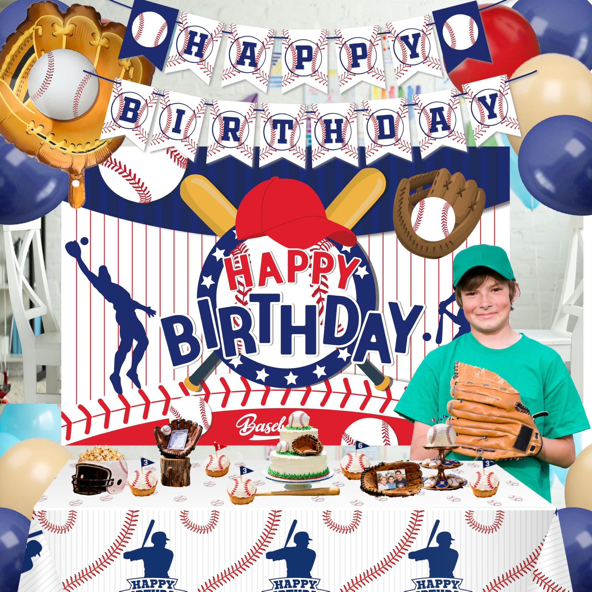 Baseball Party Decorations, Include Sport Themed Birthday Backdrop, Happy Birthday Banners, Baseball Balloons, Honeycomb Centerpiece