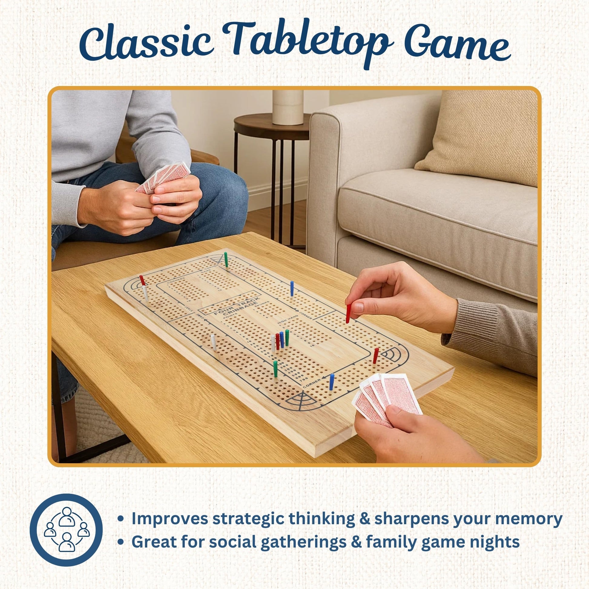WE Games 4 Player Wooden Cribbage Board, Solid Natural Wood 4 Track Board, Plastic Pegs and Instructions, Card Games for Families and Adults
