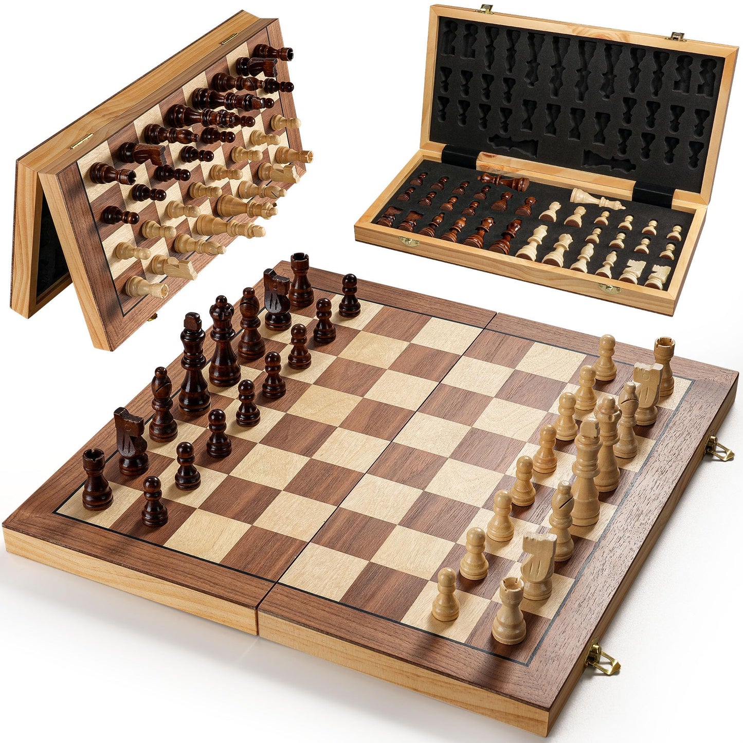 Magnetic Chess Set for Adults & Kids, 15.4 inch Wooden Folding Chess Boards, Handcrafted Portable Travel Chess Game with Pieces Storage Slots, 2 Extra