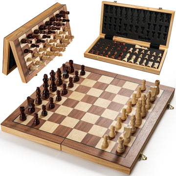Magnetic Chess Set for Adults & Kids, 15.4 inch Wooden Folding Chess Boards, Handcrafted Portable Travel Chess Game with Pieces Storage Slots, 2 Extra
