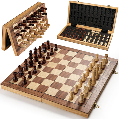 Magnetic Chess Set for Adults & Kids, 15.4 inch Wooden Folding Chess Boards, Handcrafted Portable Travel Chess Game with Pieces Storage Slots, 2 Extra