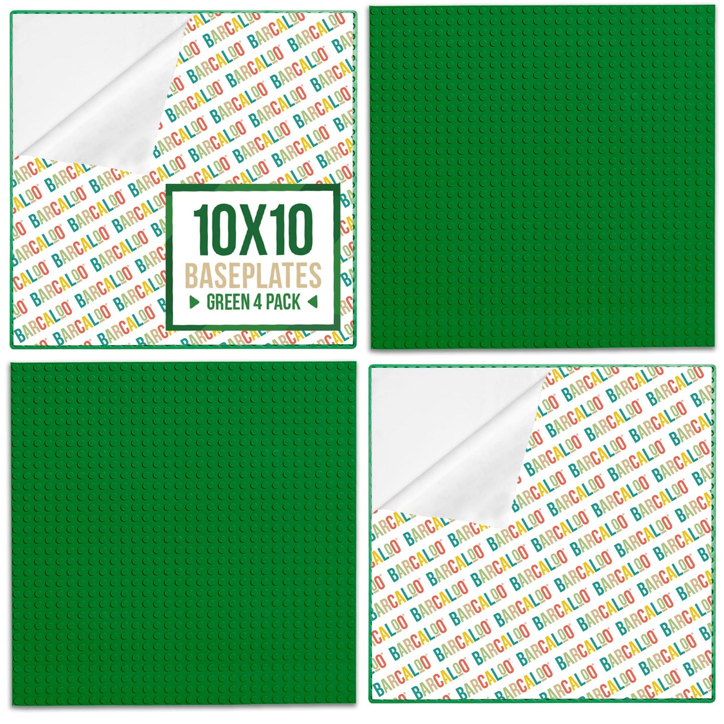 Barcaloo Peel and Stick Self Adhesive Baseplates Mat - 4 Pack 10x10 Inch Adhesive Base Board for Building Brick Table, Green Panels for Table Top Play