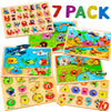 7 Pack Wooden Puzzles for Toddlers 2 3 4 5 Years Old - 7 Colorful Chunky Wood Peg Puzzles for Kids Ages 2-5, Alphabet Shape Numbers Fruits Sea Animals