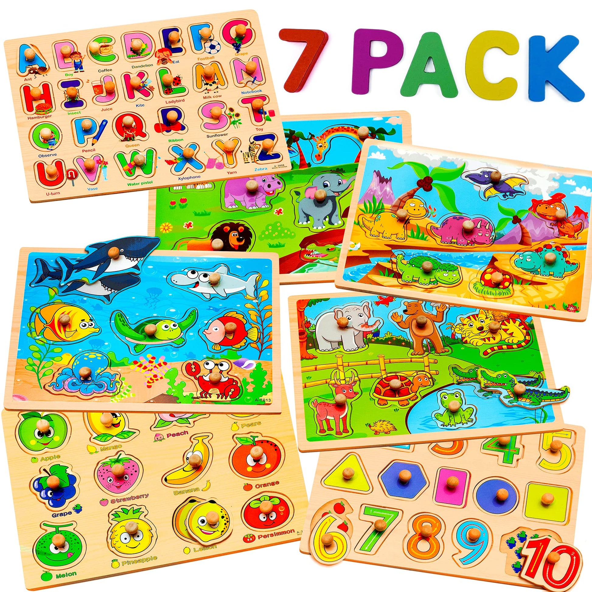 7 Pack Wooden Puzzles for Toddlers 2 3 4 5 Years Old - 7 Colorful Chunky Wood Peg Puzzles for Kids Ages 2-5, Alphabet Shape Numbers Fruits Sea Animals