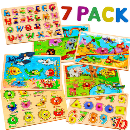 7 Pack Wooden Puzzles for Toddlers 2 3 4 5 Years Old - 7 Colorful Chunky Wood Peg Puzzles for Kids Ages 2-5, Alphabet Shape Numbers Fruits Sea Animals