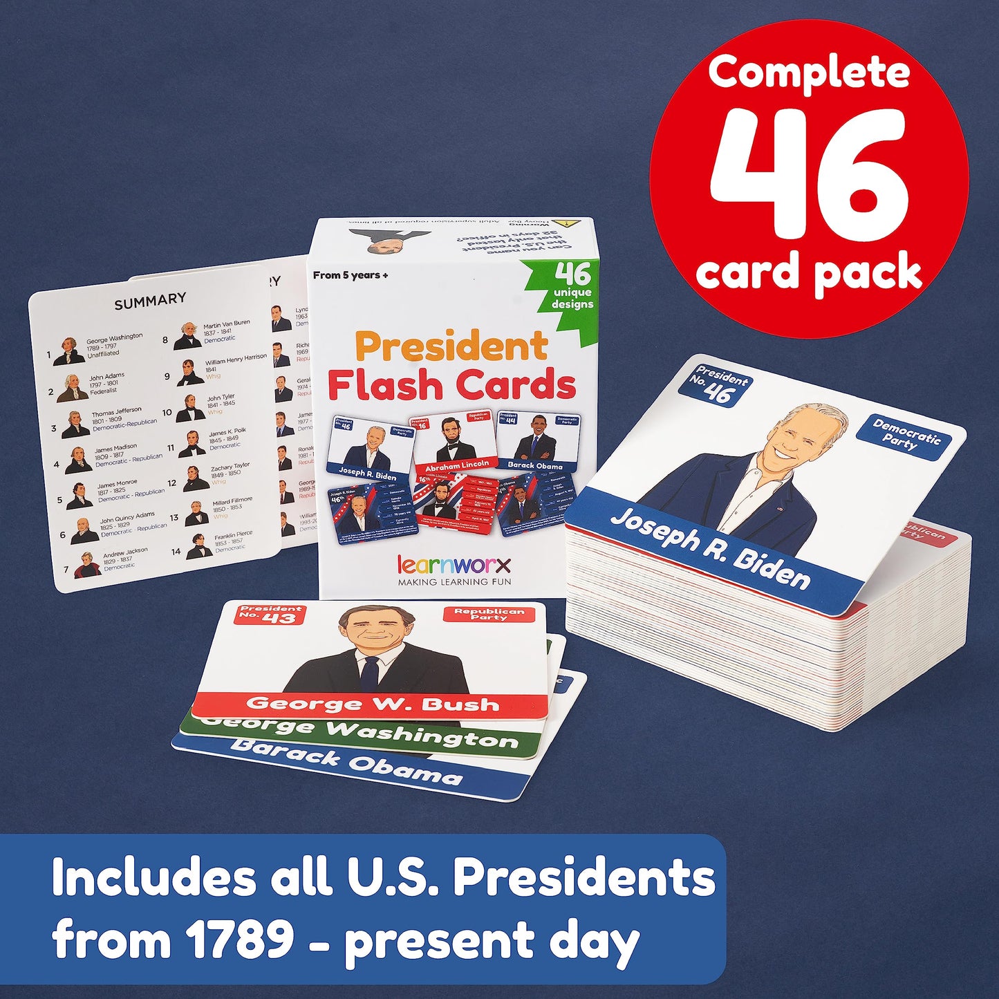 US Presidents for Kids Flash Cards -46 President Cards -Learn Presidents of The USA -Includes US Presidents Party & Vice President Facts -Gift - Ages
