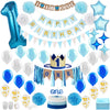 Baby Boy 1st Birthday Decorations With Birthday Crown - First Birthday Boy Decorations - Cake Smash Party Supplies - Happy Birthday and HighChair One
