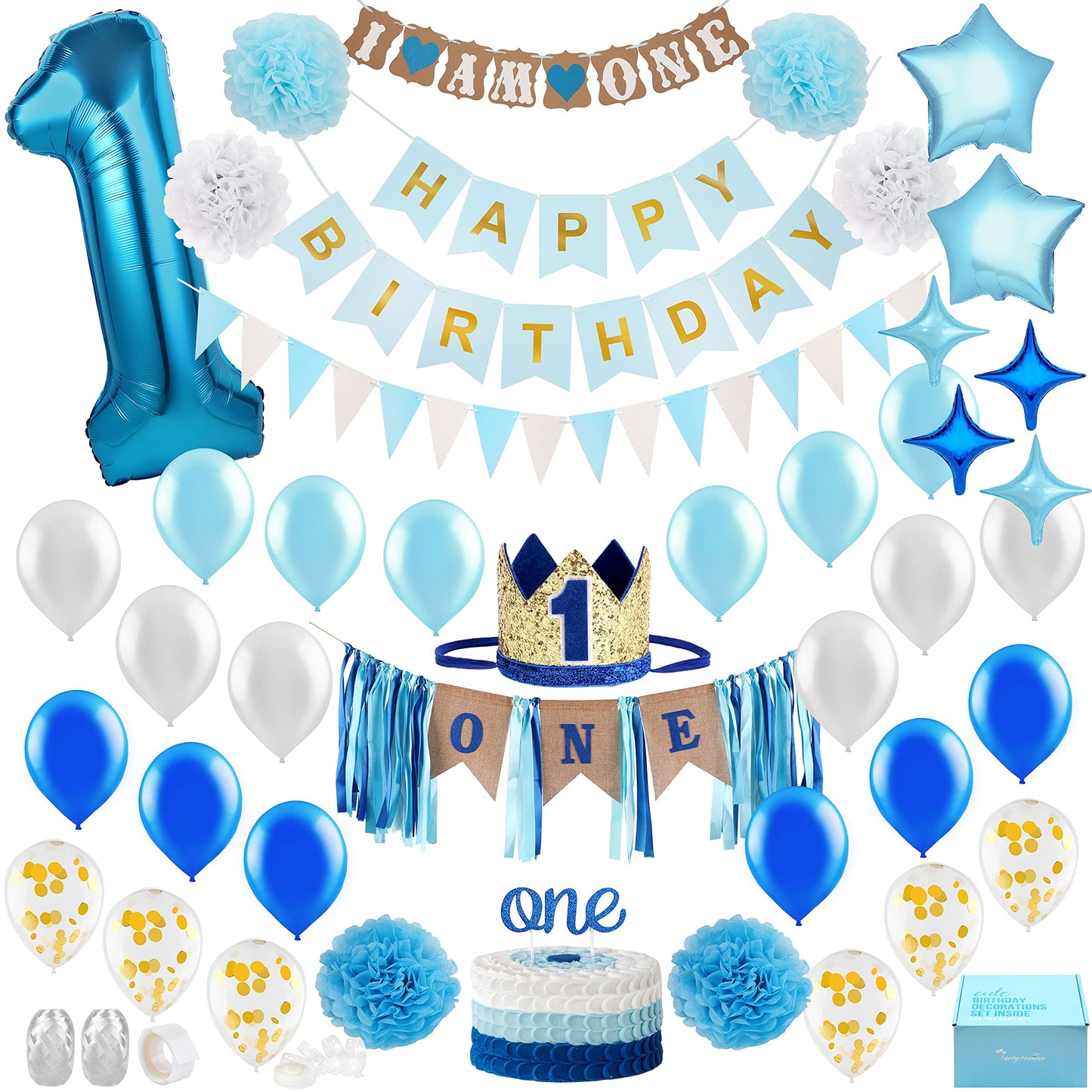 Baby Boy 1st Birthday Decorations With Birthday Crown - First Birthday Boy Decorations - Cake Smash Party Supplies - Happy Birthday and HighChair One