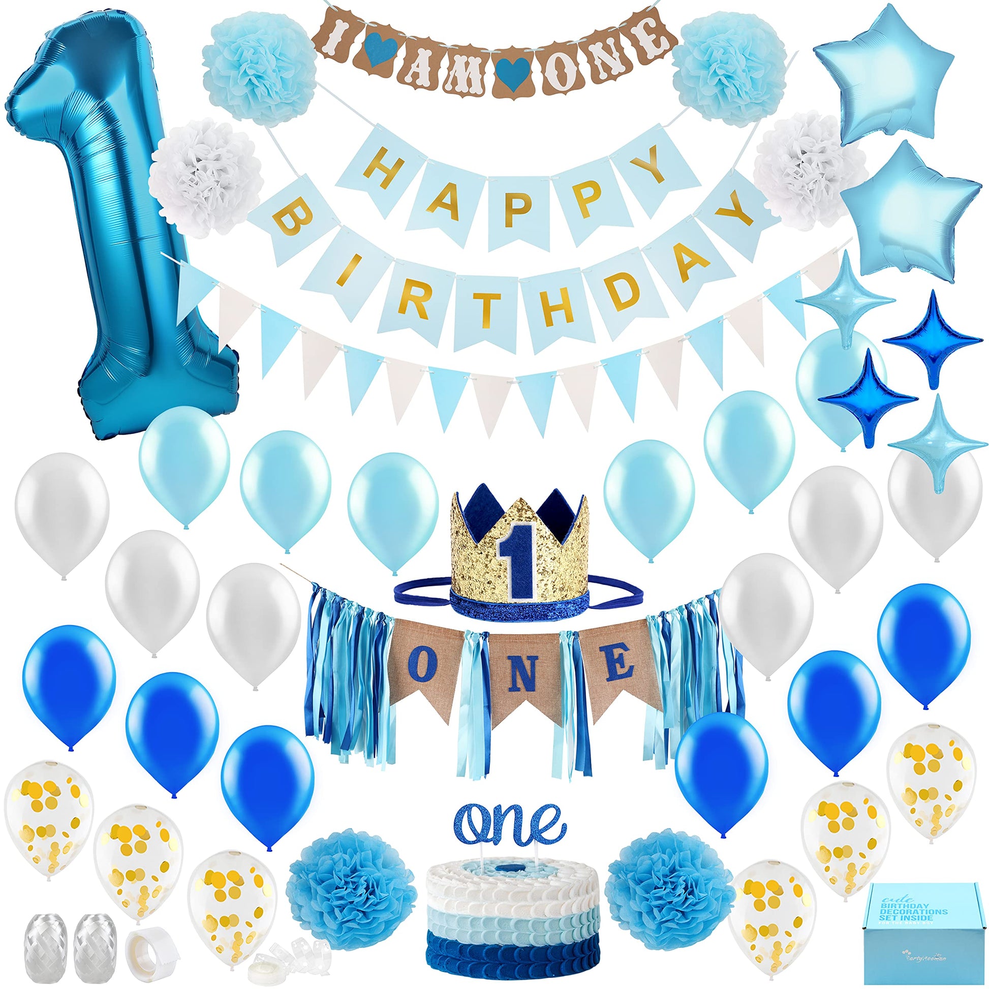 Baby Boy 1st Birthday Decorations With Birthday Crown - First Birthday Boy Decorations - Cake Smash Party Supplies - Happy Birthday and HighChair One
