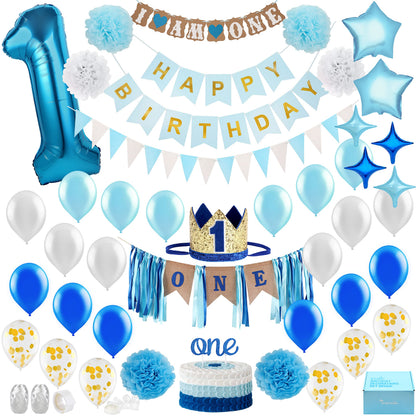 Baby Boy 1st Birthday Decorations With Birthday Crown - First Birthday Boy Decorations - Cake Smash Party Supplies - Happy Birthday and HighChair One