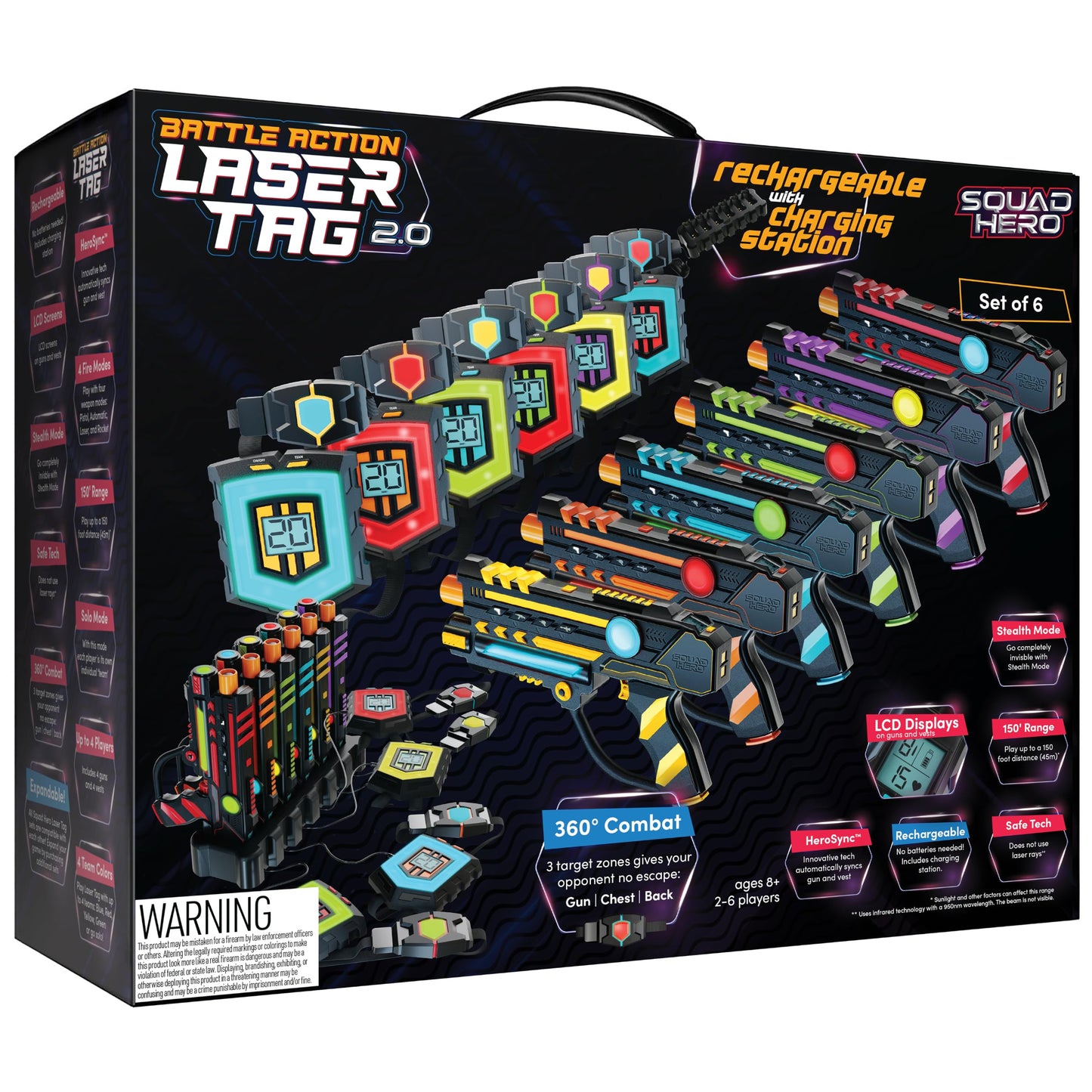 Squad Hero Rechargeable Laser Tag 360° Sensors + LCDs - Set of 6 - Birthday Gift Ideas for Kids Teens & Adults Boys & Girls Family Fun - Cool Teenage