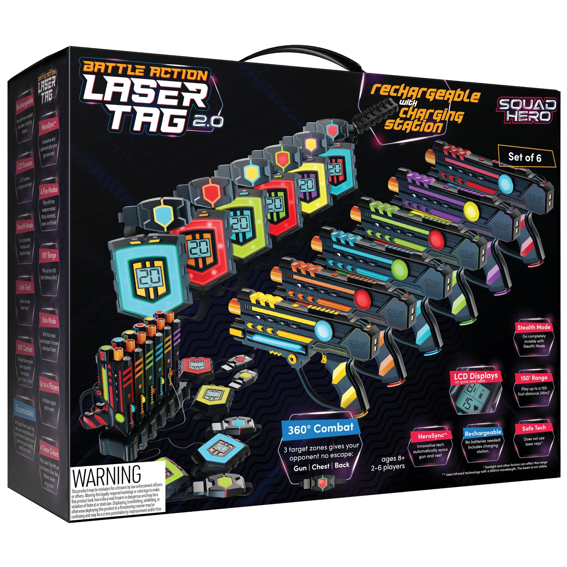 Squad Hero Rechargeable Laser Tag 360° Sensors + LCDs - Set of 6 - Birthday Gift Ideas for Kids Teens & Adults Boys & Girls Family Fun - Cool Teenage