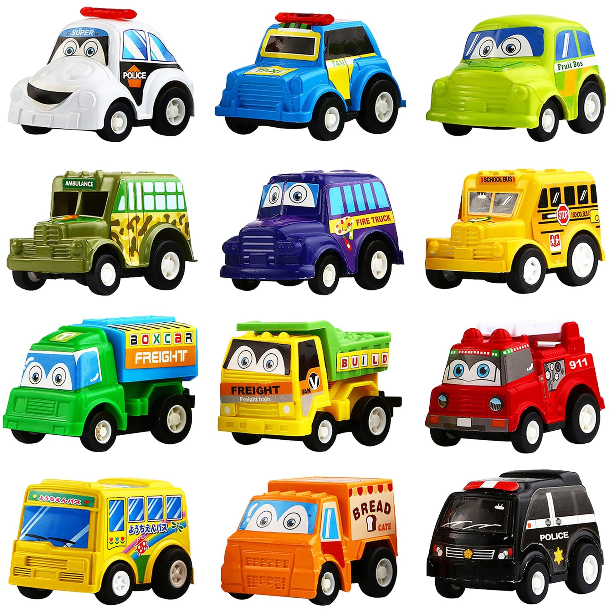 Funcorn Toys Pull Back Car, 12 Pack Assorted Mini Plastic Vehicle Set, Pull Back Truck and Car Toys for Boys Kids Toddler Party Favors,Die Cast Car
