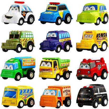 Funcorn Toys Pull Back Car, 12 Pack Assorted Mini Plastic Vehicle Set, Pull Back Truck and Car Toys for Boys Kids Toddler Party Favors,Die Cast Car