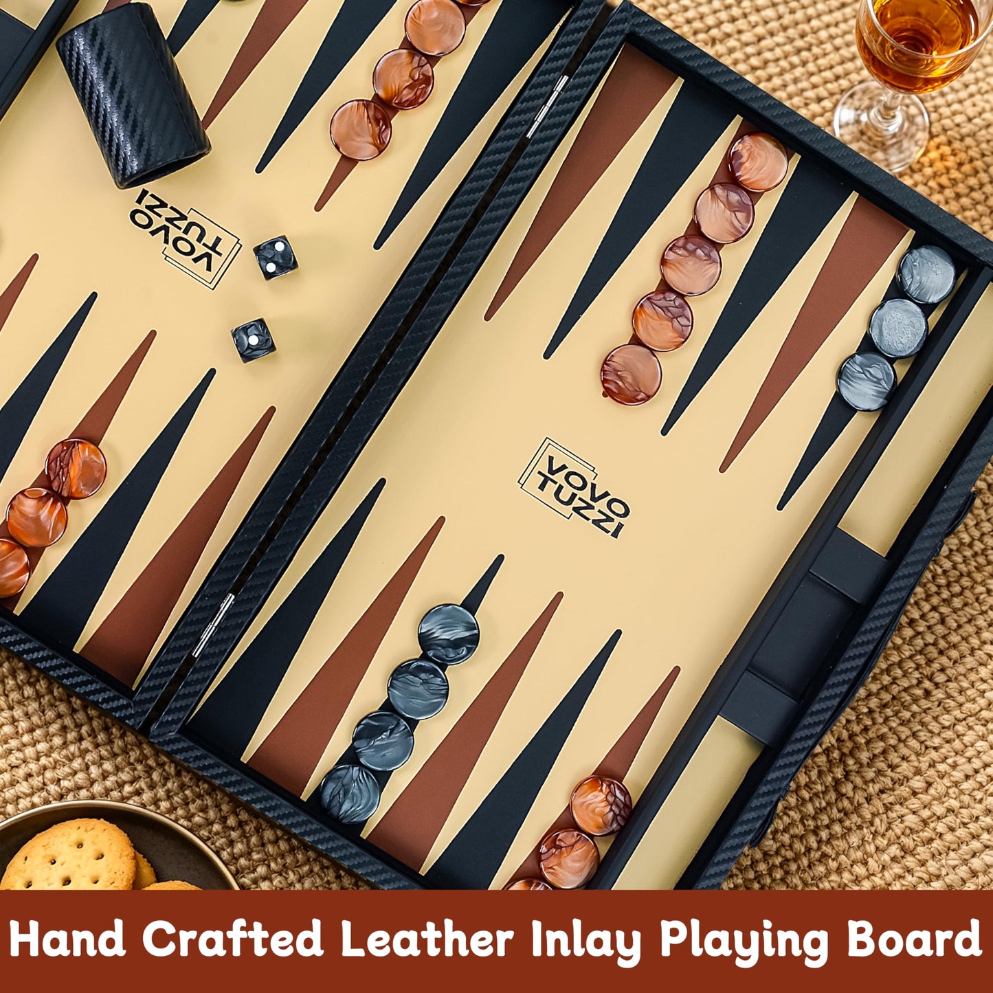 Vovotuzzi 15 Inch Backgammon Set for Adults, Premium Carbon Fiber PU Leather Foldable Backgammon Board Game, Portable Travel Classic Board Game