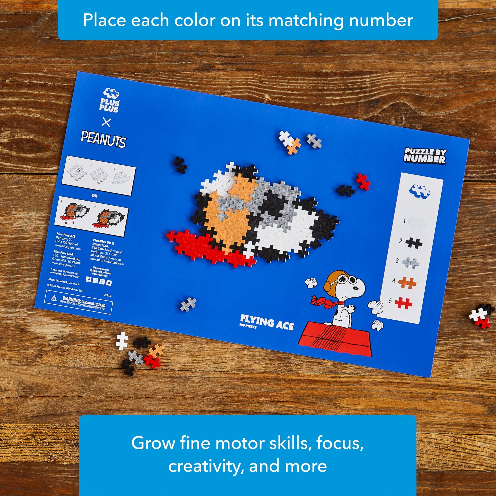 PLUS PLUS Puzzle By Number, Flying Ace - 100 Piece Mini Hashtag Blocks, Puzzles for Adults & Kids - Peanuts Merchandise