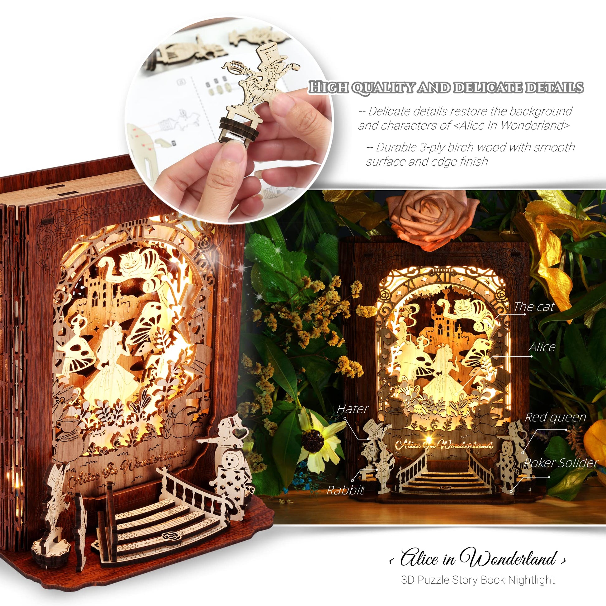 FUNPOLA Alice in Wonderland 3D Puzzle Nightlight - DIY 3D LED Book Lamp - 3D Wood Puzzles Décor Lamp for Adults