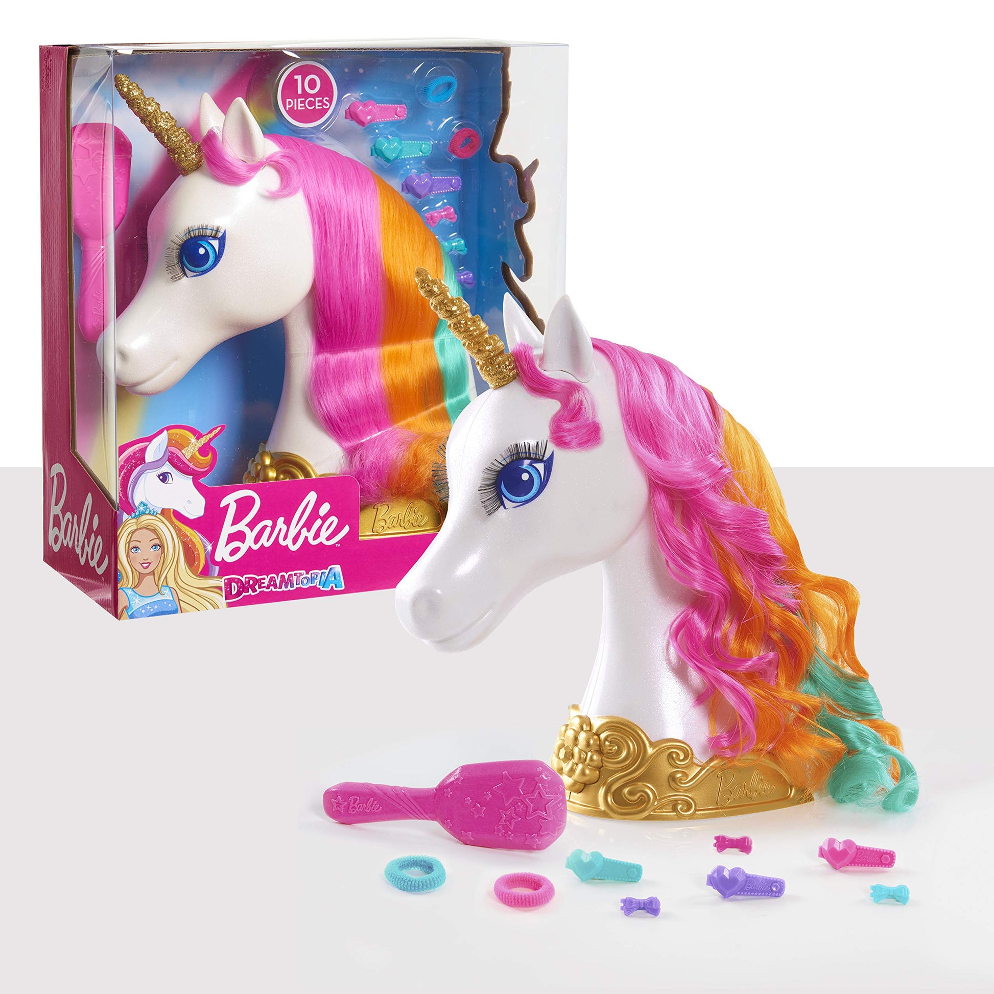 Barbie Dreamtopia 12-inch Unicorn Styling Head with Accessories, 10-pieces, Rainbow Hair, Kids Toys for Ages 3 Up by Just Play