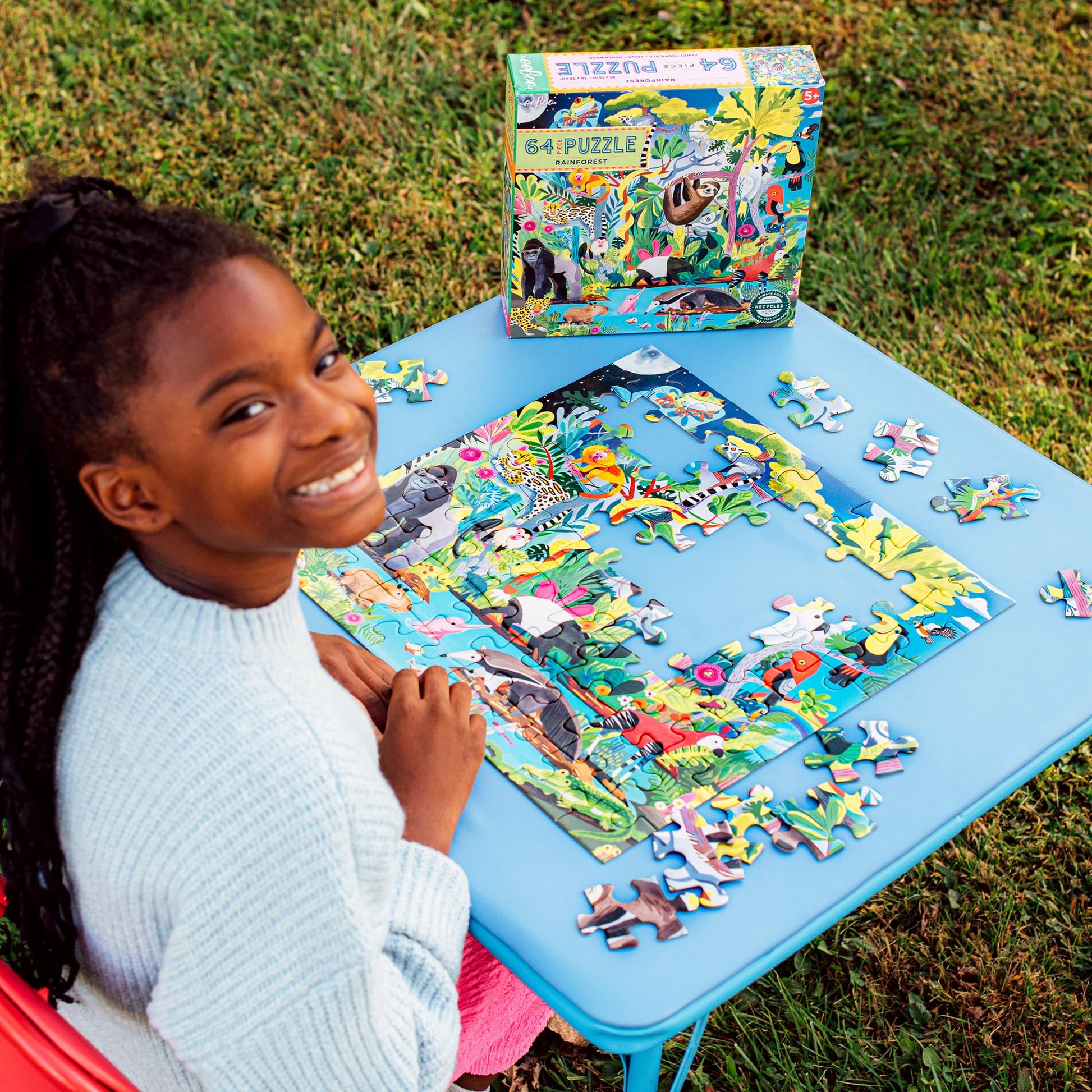eeBoo: Rainforest - 64 Piece Puzzle - 15" x 15" Jigsaw, Vibrant Animal & Nature Scene, Informational Poster, Big Sturdy Dustless Pieces, Kids Ages 5+