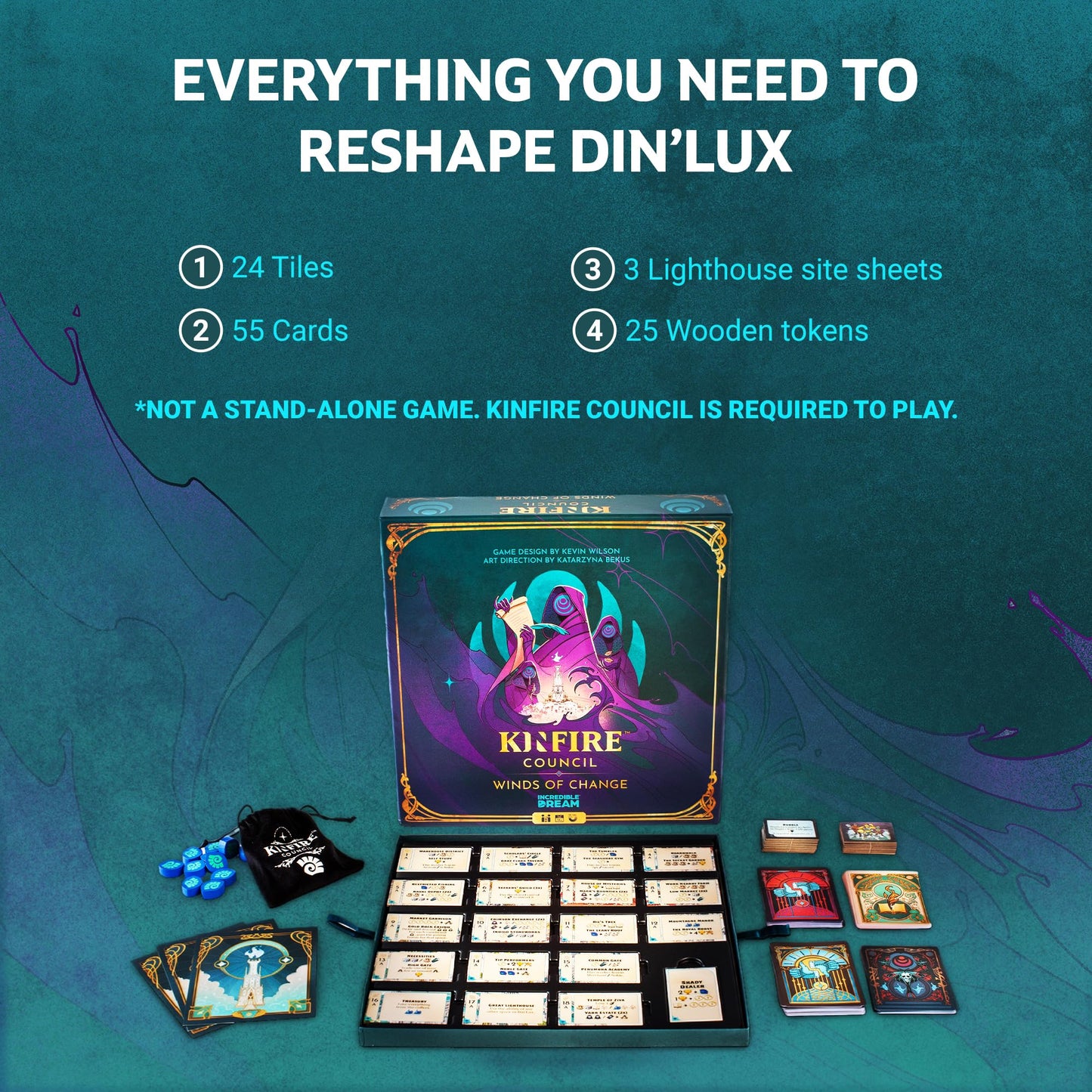 Kinfire Council: Winds of Change Expansion - Board Game Expansion with Cooperative & Solo Play, New Lighthouse Sites, Rezoning Laws, Favor Tokens