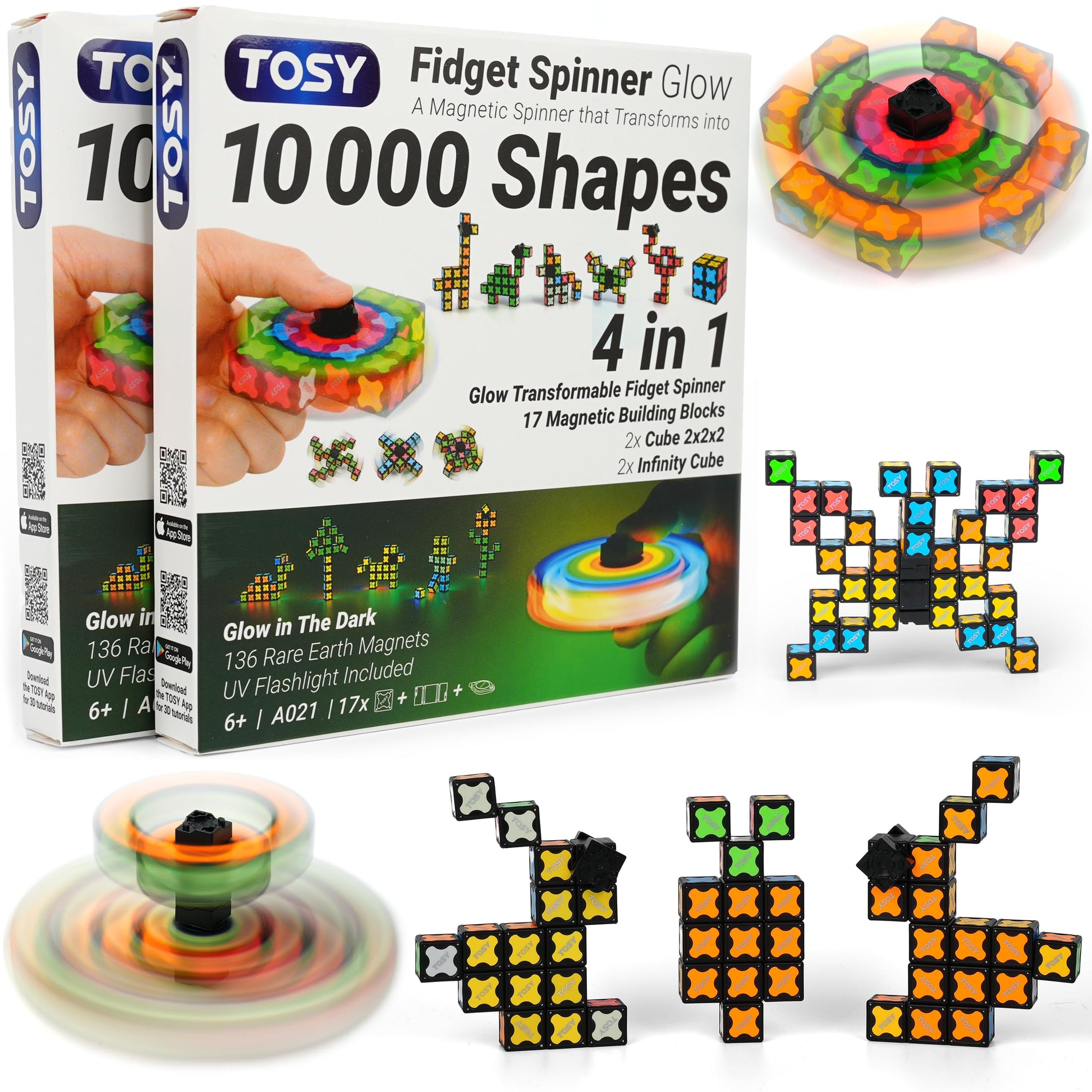 TOSY Magnet Fidget Spinner Glow - 16 Blocks, 3 in 1 Toy: Transformable Fidget Spinner, Infinity Cube, 2x2 Puzzle Cube, Glow, STEM/STEAM Magnet Tiles
