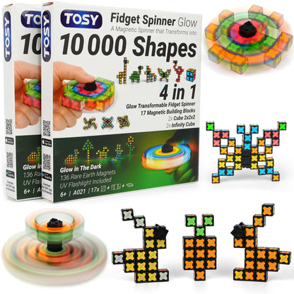 TOSY Magnet Fidget Spinner Glow - 16 Blocks, 3 in 1 Toy: Transformable Fidget Spinner, Infinity Cube, 2x2 Puzzle Cube, Glow, STEM/STEAM Magnet Tiles