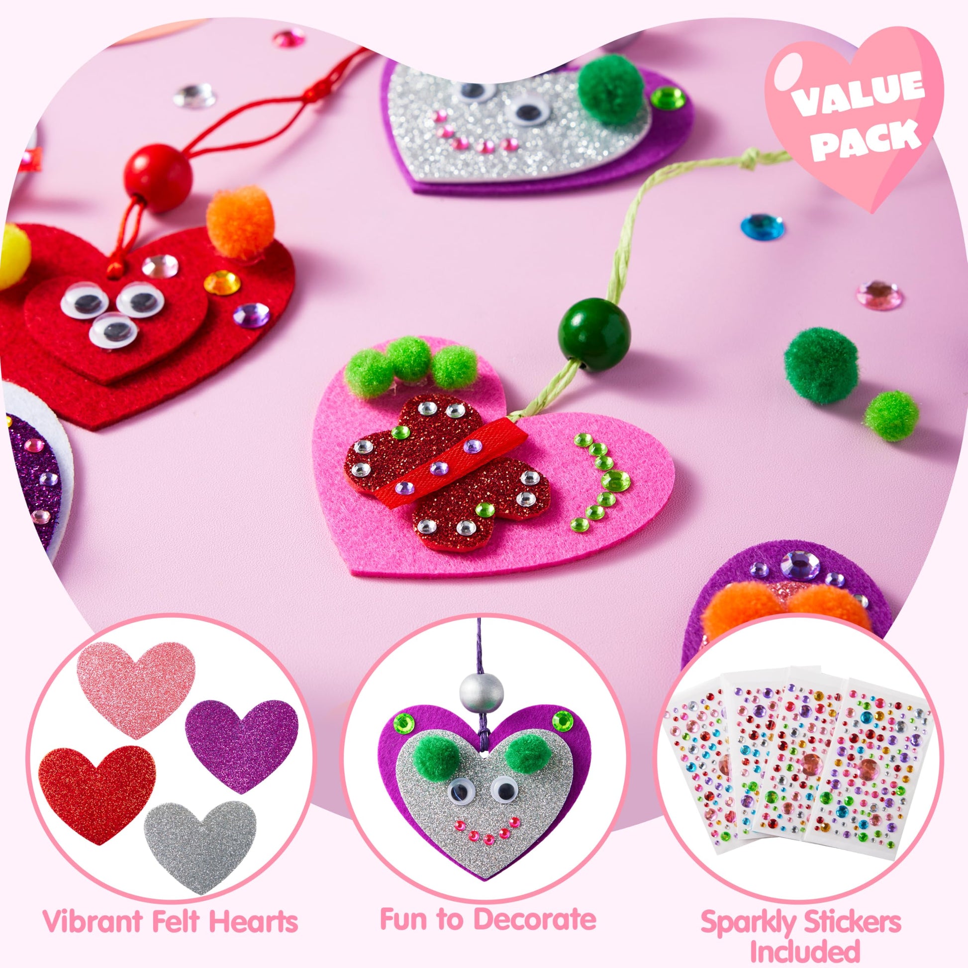 JOYIN Valentines Day 264 Pcs DIY Heart Felt Craft Set, Felt & Glitter Hearts & Wooden Beads & Plastic Eyes & Colorful Paper Ropes for Valentine's Day