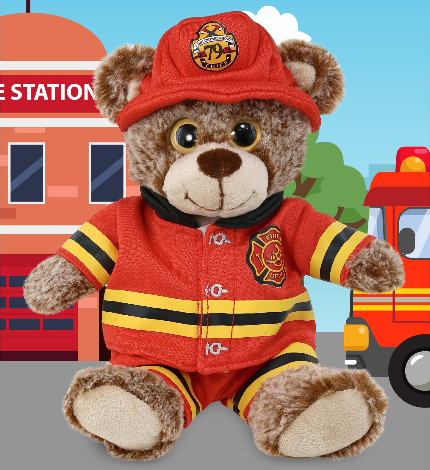 DolliBu Sitting Brown Bear Firefighter Stuffed Animal with Name Personalization - Super Soft Bear with Red Fireman Costume Outfit and Fireman Hat